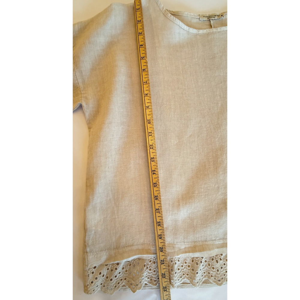Francesca Bettini Womens M Beige Linen Eyelet Lace Hem 3/4 Sleeve Italy Boho Top - Picture 8 of 10